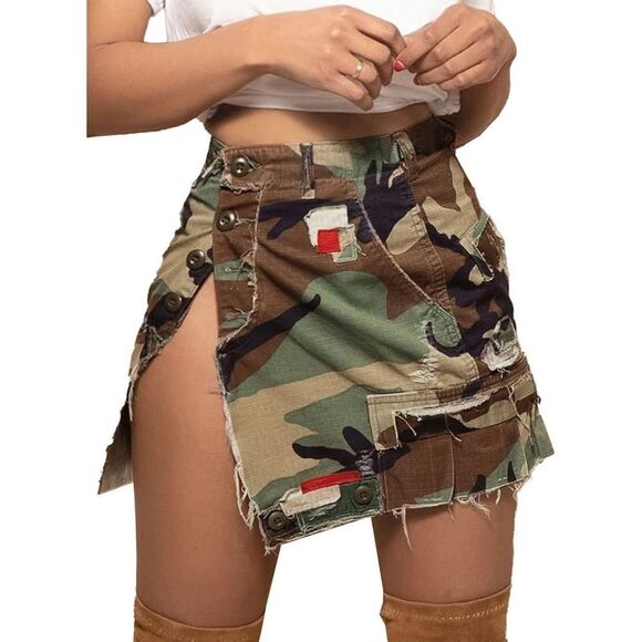 Women’s Camouflage Distressed Cargo Mini Skirt M – High Split & Button Front - Picture 1 of 17